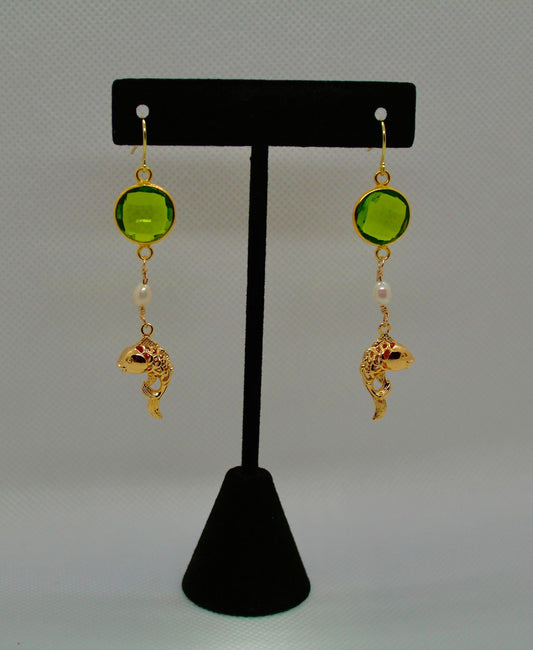 Peridot and Pearl Fish Earrings